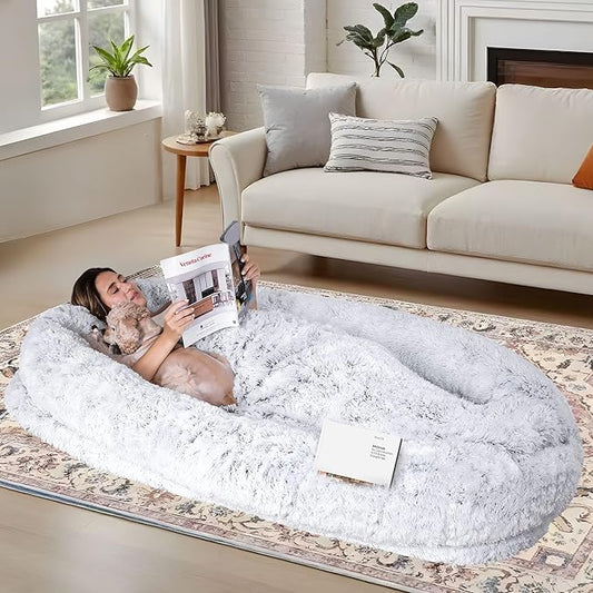 71"x44"x12.5" Human Dog Bed for Adult Faux Fur Washable Human Dog Bed Portable Handle, Egg Orthopedic Foam Human Bed Extra Large with Present Blanket Grey