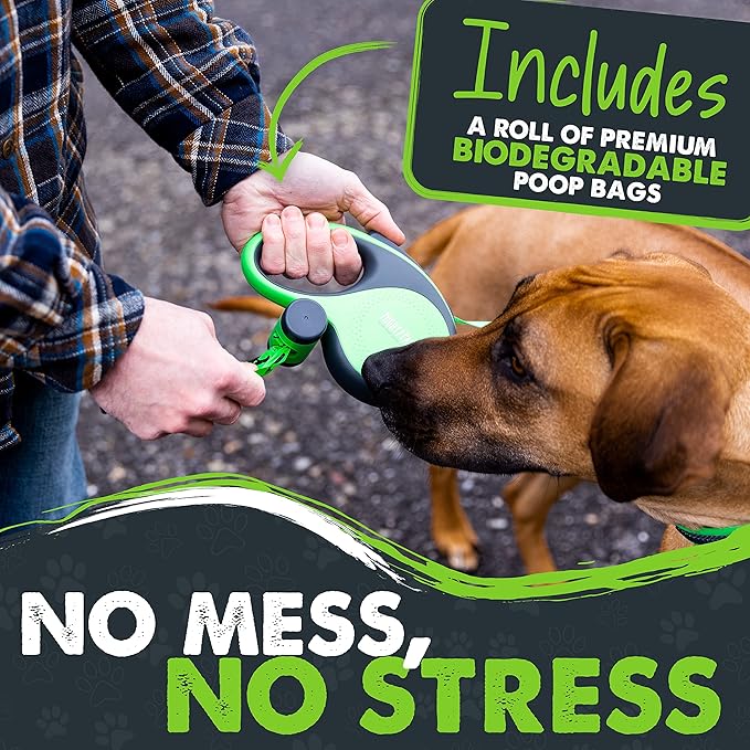 Mighty Paw Retractable Leash with Built-in Poop Bag Holder | 16' Long Retractable Dog Leash for Small Dogs, Medium Breeds & Large Pets with Tape for Quick Control. Poop Bags Included