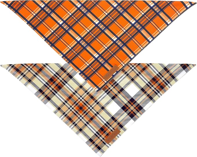 Realeaf Fall Dog Bandanas 2 Pack, Reversible Orange Plaid Holiday Pet Scarf for Boy and Girl, Premium Durable Fabric, Halloween Thanksgiving Bandana for Small and Medium Dogs (Small)