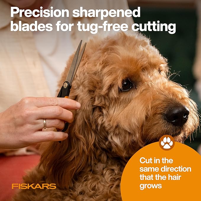 Fiskars Pet Trimming Scissors, Dog & Cat Grooming Scissors, Precision Stainless Steel Blades & SoftGrip™ Handle, Cat and Dog Supplies, 6.75”, Orange/Black