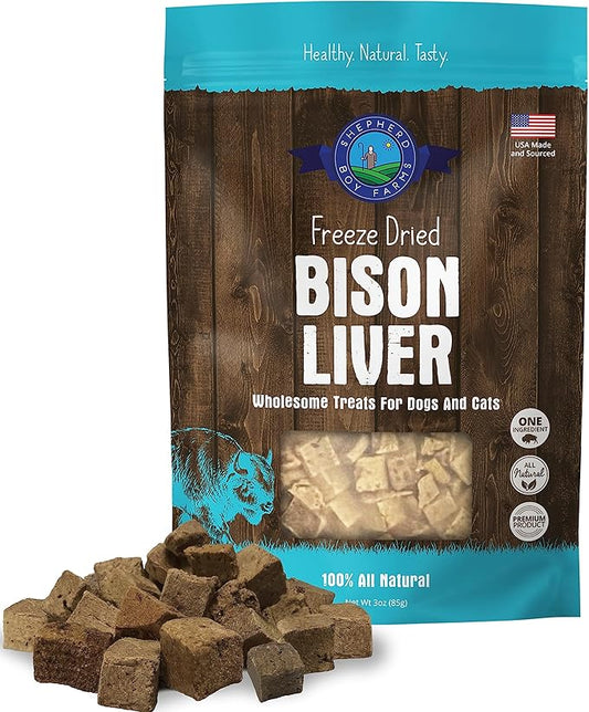 Shepherd Boy Farms Freeze Dried Dog and Cat Treats, Bison Liver, All Natural Freeze-Dried Dog Treat & Snacks, Made in USA, High in Protein, Essential Nutrition of Raw Food, 3oz