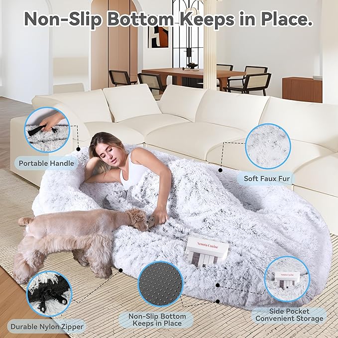 71"x44"x12.5" Human Dog Bed for Adult Faux Fur Washable Human Dog Bed Portable Handle, Egg Orthopedic Foam Human Bed Extra Large with Present Blanket Grey