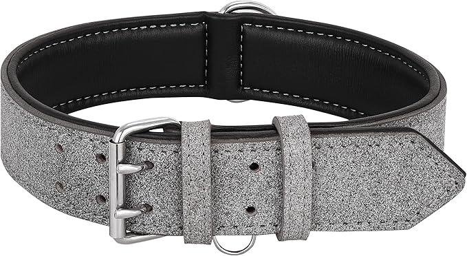 Riparo Genuine Leather Padded Dog Heavy Duty K-9 Adjustable Collar (XL: 1.75” Wide for 21”-25” Neck, Gray/White Thread)