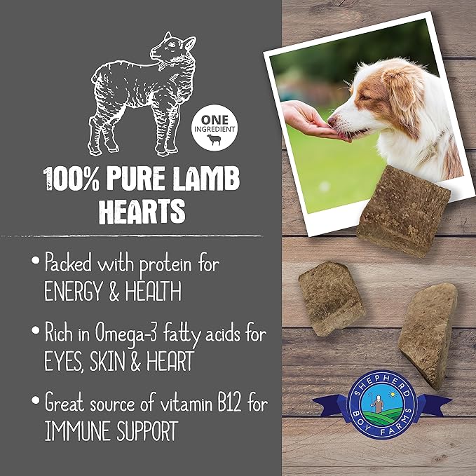 Shepherd Boy Farms Freeze Dried Dog and Cat Treats, Lamb Heart, All Natural Single Ingredient Freeze-Dried Dog Treat & Dog Snacks, Made in USA, High Protein, Essential Nutrition of Raw Dog Food, 8oz