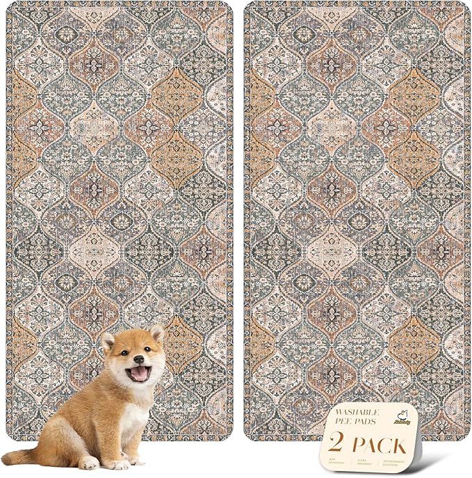 nunubaby Washable Pee Pads for Dogs, Stylish, Non-Slip and Leak-Proof Pee Pads. Reusable Potty Pads for Dogs for Crates and Floors.(Brown/Multi, 24" x48")