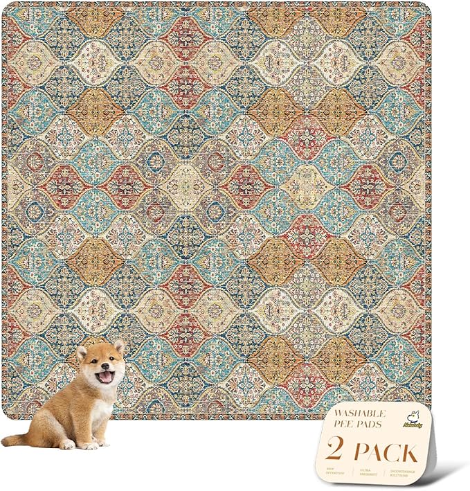 nunubaby 2PACK Washable Pee Pads for Dogs, Stylish, Non-Slip and Leak-Proof Pee Pads. Reusable Potty Pads for Dogs for Crates and Floors.(Cream/Multi, 72" x72")