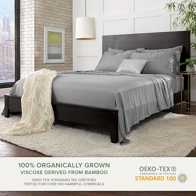 Pure Bamboo California King Sheets, Genuine 100% Organic Viscose Derived from Bamboo Bed Sheet Set, Soft & Cooling, Double Stitching, 2 Year Quality Promise (California King, Stone Grey)