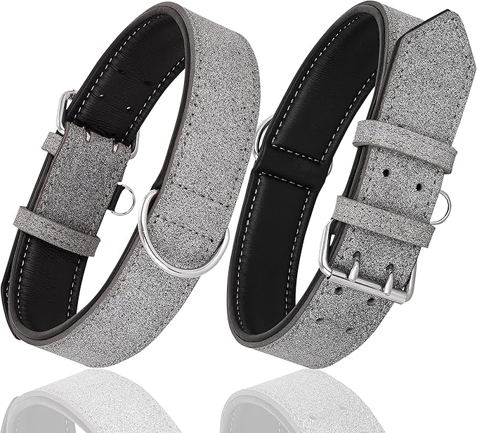 Riparo Adjustable Leather Dog Collar - Heavy Duty Wide Dog Collar for Small, Medium, Large and Extra Large Dogs with Dog Tag Holder (L: 1.5" Wide for 17"-21" Neck, Gray/White Thread)