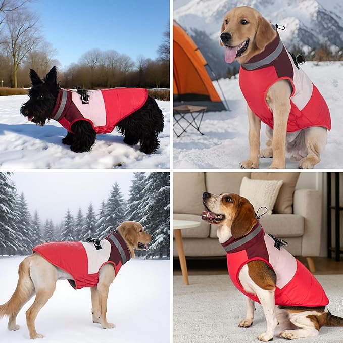 azuza Dog Coats for Large Dogs Waterproof Dog Coat with Reflective Strips and Harness Built in Warm Fleece Dogs Winter Coat Windproof with Back Zipper, Red 3XL