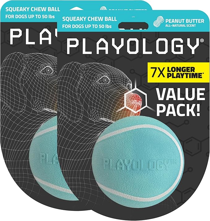 Playology Dog Toys | Squeaky Chew Ball - Bouncy Durable Floating Fetch Ball for Dogs, Value 2-Pack | Medium Peanut Butter Scented Toy - Easy to Clean and Made from Non Toxic Materials