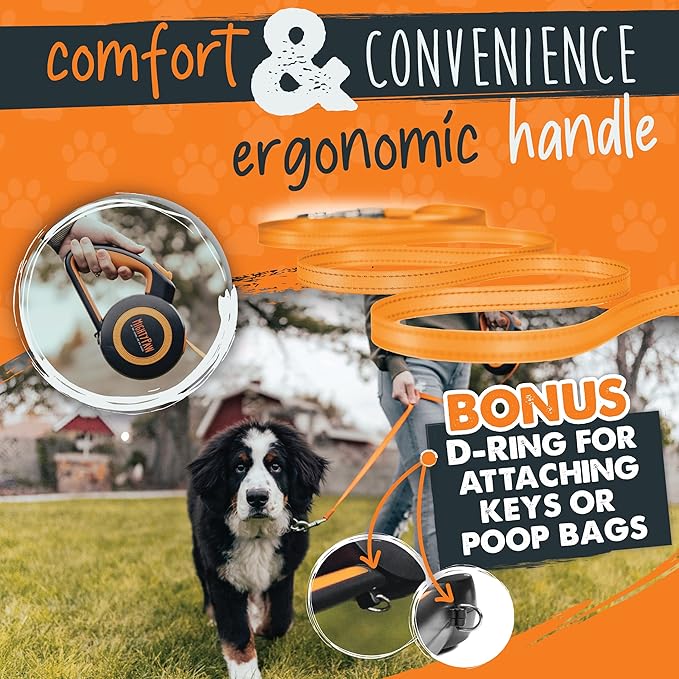 Mighty Paw Retractable Dog Leash 2.0 | 16' Heavy Duty Reflective Nylon Tape Lead for Pets up to 0-50 lbs. Tangle Free Design W/One Touch Quick-Lock Braking System & Anti-Slip Handle (Orange/Lite)