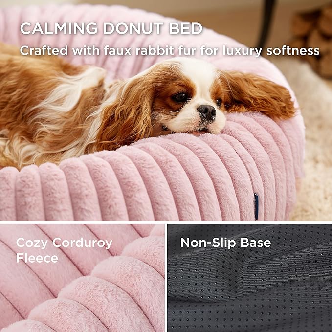 Bedsure Donut Small Dog Bed - Dog Beds for Small Dogs with Corduroy Fleece & Anti Slip Bottom, Round Faux Fur Pet Beds with Washable Removable Cover, Blush Pink, 27x27x8 inches