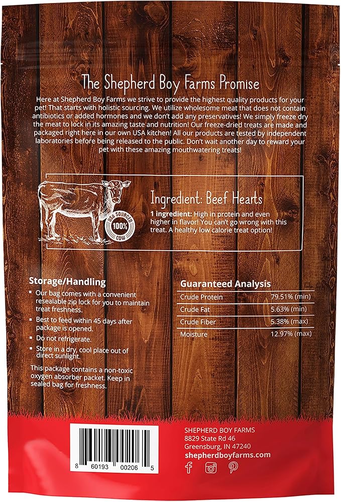 Shepherd Boy Farms Freeze Dried Dog and Cat Treats, Beef Heart, All Natural Single Ingredient Freeze-Dried Dog Treat & Snacks, Made in USA, High Protein, Essential Nutrition of Raw Food, 3oz