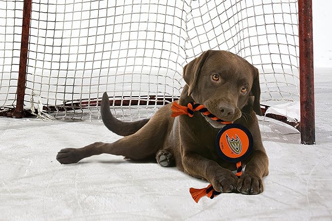 First Dog Puck Rubber Toy - Heavy-Duty Rope Tug for Dogs & Cats - Play Hockey with Your Pet - NHL Anaheim Ducks Licensed Toy