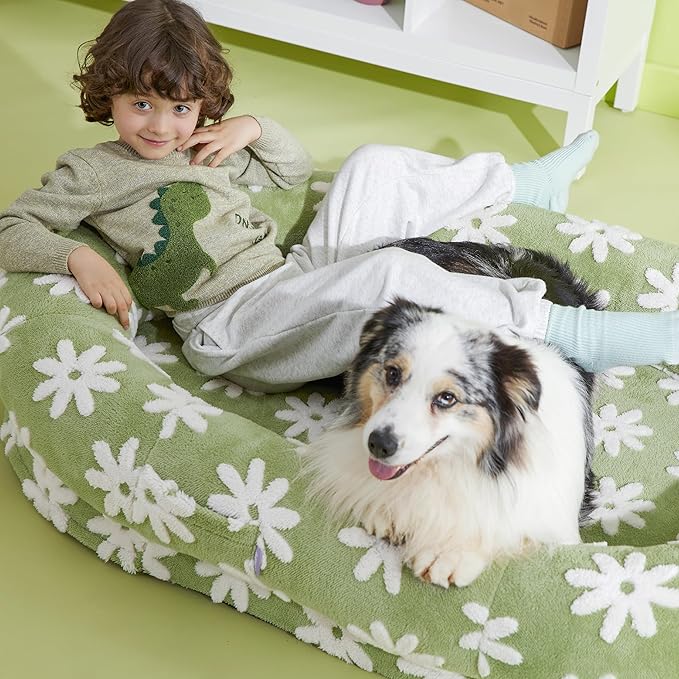 LE SURE Human Dog Bed for Adult & Kids - Calming XXL Size Bed with Egg Foam Supportive Mat as Gift for Family, Cute Modern Beds with Jacquard Shaggy Plush & Anti Slip Bottom 55x37x10, Blue