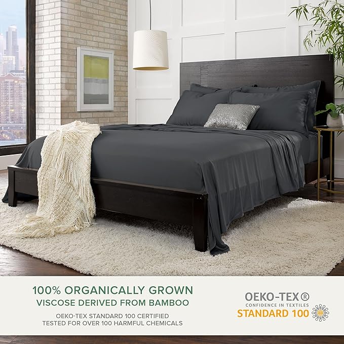 Pure Bamboo King Sheets, Genuine 100% Organic Viscose Derived from Bamboo Bed Sheet Set, Luxuriously Soft & Cooling, Double Stitching, 2 Year Quality Promise (King, Charcoal)