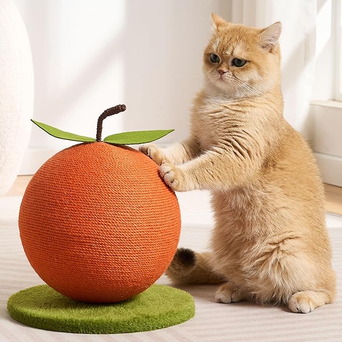 Orange Cat Scratching Post, Cute Cat Scratcher with Sisal Rope, Cat Scratch Post for Indoor Adult Cat and Kitten, Cat Scratching Ball