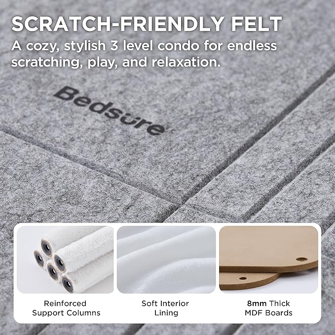 Bedsure 3-Level Indoor Cat Bed- Cat Condos Small Cat Tree for Multiple Kitties to Play Sleep,Hideaway Cave, Fluffy Ball, Scratching Post, 22.5x31.5x13, Grey