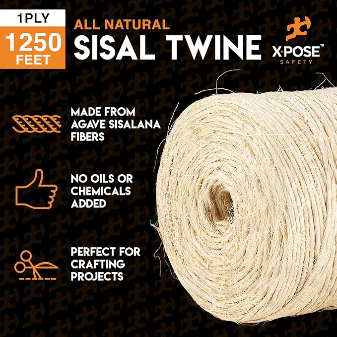 Sisal Twine - 1 Ply 1250 Ft Thin Natural Fiber Rope on Spool - Rope Cat Scratching Post, Rope for Cat Scratcher, Cat Tree Replacement Parts, Pet Toy - Decorative Cordage for Crafts, Pole Wrap 6 Pack