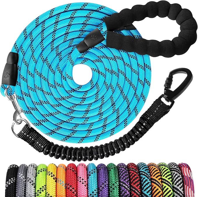 Long Dog Leash 20 FT: Heavy Duty Rope Leashes for Dogs Training with Swivel Lockable Hook Reflective Threads Bungee and Padded Handle - Dog Lead for Large Small Medium Dogs Outside Walking Hiking Blue