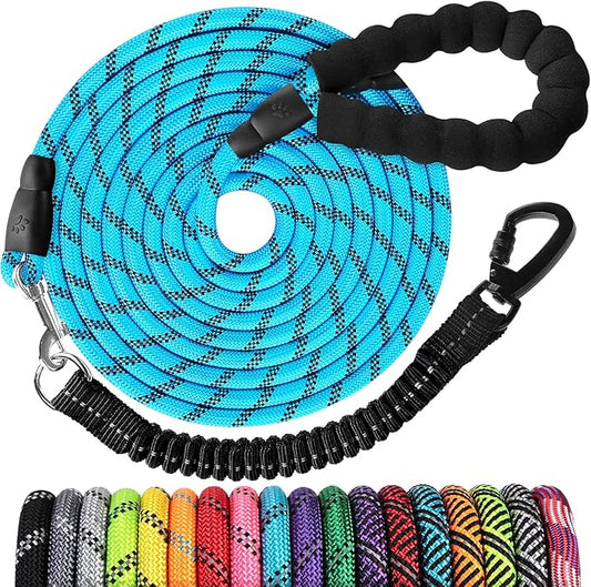 Long Dog Leash 40 FT: Heavy Duty Rope Leashes for Dogs Training with Swivel Lockable Hook Reflective Threads Bungee and Padded Handle - Dog Lead for Large Small Medium Dogs Outside Walking Hiking Blue