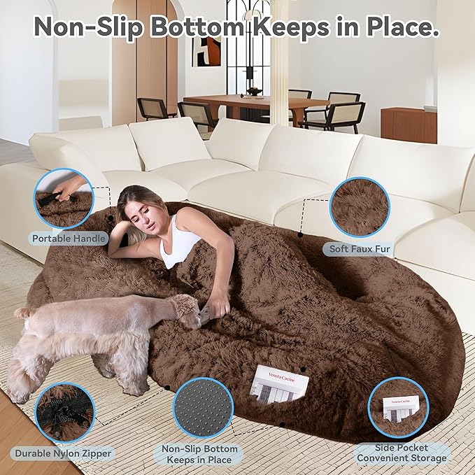 71"x44"x12.5" Human Dog Bed for Adult Faux Fur Washable Human Dog Bed Portable Handle, Egg Orthopedic Foam Human Bed Extra Large with Present Blanket Brown
