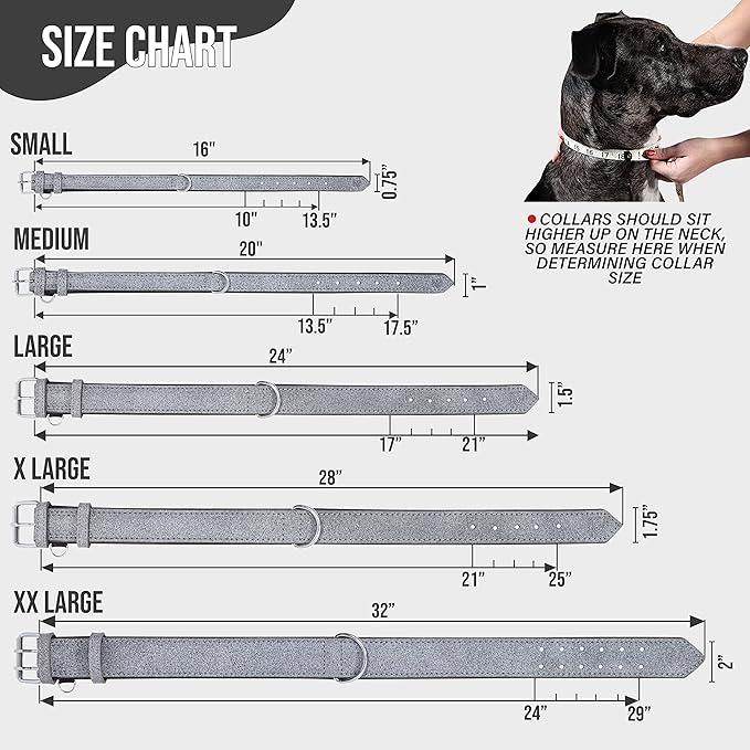 Riparo Genuine Leather Padded Dog Heavy Duty K-9 Adjustable Collar (XL: 1.75” Wide for 21”-25” Neck, Gray/White Thread)