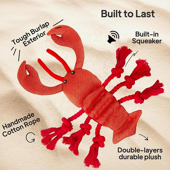 TwoEar Lobster Squeaky Dog Toys, Plush Chew Toy with Tug Rope for Small Medium Large Dogs, Interactive Stuffed Toys Indoor Outdoor Play