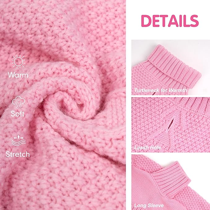 cyeollo Turtleneck Dog Sweater Soft Knitwear Pullover Sweaters with Long Sleeves Pet Clothes for Cold Weather Pet Small Dog Sweaters,Pink, XL