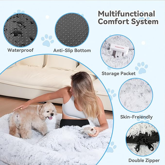 71"x44"x12.5" Human Dog Bed for Adult Faux Fur Washable Human Dog Bed Portable Handle, Egg Orthopedic Foam Human Bed Extra Large with Present Blanket Grey