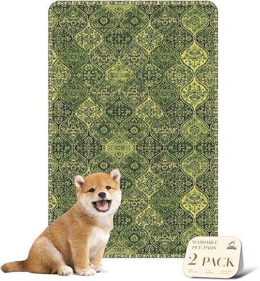 nunubaby Washable Pee Pads for Dogs, Stylish, Non-Slip and Leak-Proof Pee Pads. Reusable Potty Pads for Dogs for Crates and Floors.(Green/Multi, 24" x36" )
