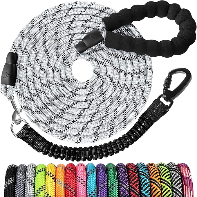 Long Dog Leash 15 FT: Heavy Duty Rope Leashes for Dogs Training with Swivel Lockable Hook Reflective Threads Bungee and Padded Handle - Dog Lead for Large Small Medium Dogs Outside Walking Hiking Grey