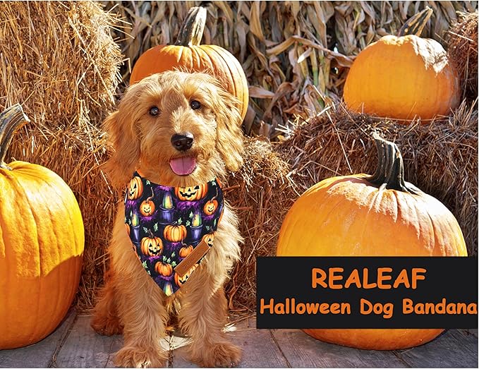 Realeaf Halloween Dog Bandanas 2 Pack, Pumpkins and Ghosts Pet Scarf for Boy and Girl, Premium Durable Fabric, Holiday Bandana for Small and Medium Dogs Pets (Small)