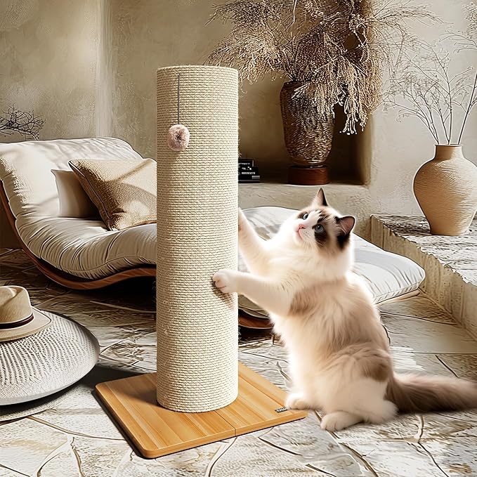 KAMABOKO 29.5" Cat Scratching Post, 7.5" Ultra-Large Diameter Natural Sisal Cat Scratch Post, Scratch-Resistant Tall Cat Scratcher for Indoor Cats, Protect Your Furniture, Beige, Pack of 1