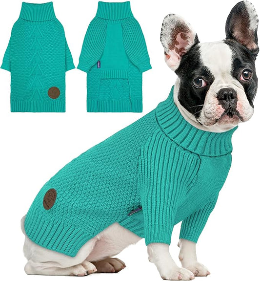 cyeollo Fleece Dog Sweaters for Medium Dogs Male, Stretchy Warm Turtleneck Doggy Clothes for Fall Winter Pullover Doggie Jacket Thermal Knit Pet Apparel with Sleeves, Aqua Green XL