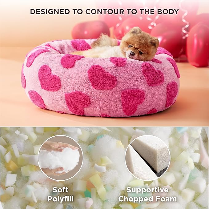 LE SURE Donut Small Dog Bed - Round Cat Beds Indoor Anti-Anxiety Calming Gift for Pets, Washable Cute Modern Beds with Jacquard Shaggy Plush & Anti Slip Bottom, 23 Inch, Heart Pink