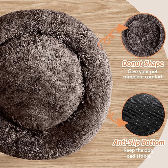 JOLLYVOGUE Calming Dog Bed Large Size Dog, Anti-Anxiety Donut Large Pet Bed, 36 inches Fluffy Faux Fur Round Cat Bed, Fits up to 75 lbs Pets
