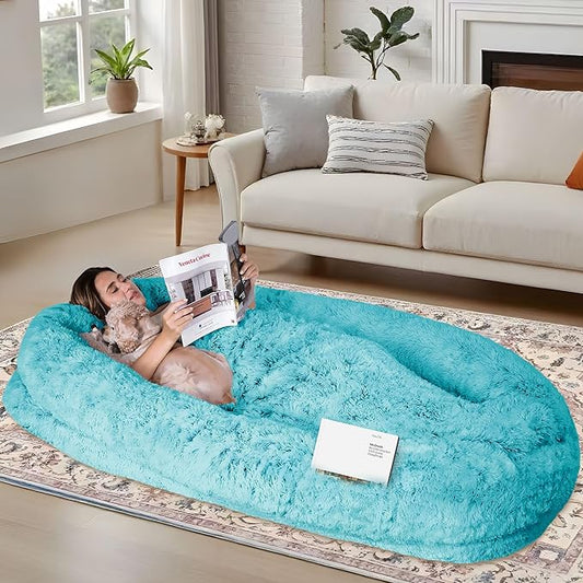71"x44"x12.5" Human Dog Bed for Adult Faux Fur Washable Human Dog Bed Portable Handle, Egg Orthopedic Foam Human Bed Extra Large with Present Blanket Blue