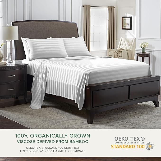 Pure Bamboo King Sheets, Genuine 100% Organic Viscose Derived from Bamboo Bed Sheet Set, Luxuriously Soft & Cooling, Double Stitching, 2 Year Quality Promise (King, Jacquard White)