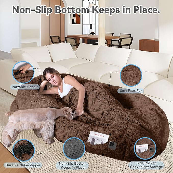 78"x44"x12.5" Human Dog Bed for Adult Faux Fur Washable Human Dog Bed Portable Handle, Egg Orthopedic Foam Human Bed Extra Large with Present Blanket Brown