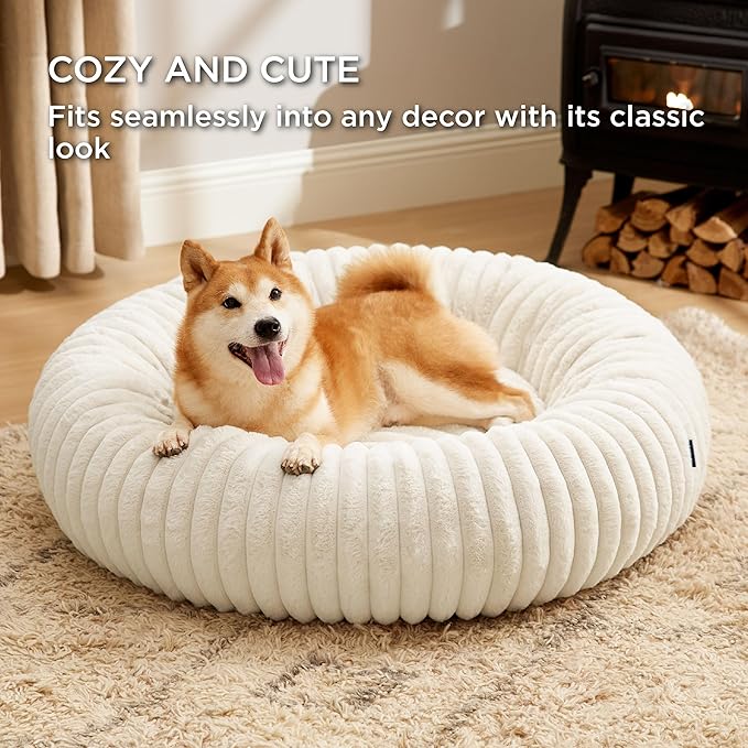 Bedsure Donut Large Dog Bed - Washable Faux Fur with Corduroy Fleece & Anti Slip Bottom, Round Pet Bed with Removable Cover, Cream, 36x36x8 inches