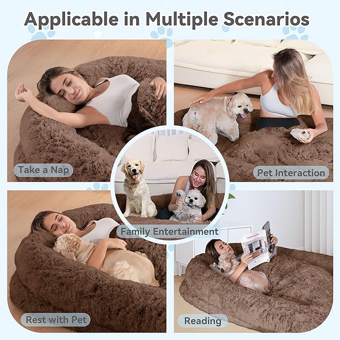 78"x44"x12.5" Human Dog Bed for Adult Faux Fur Washable Human Dog Bed Portable Handle, Egg Orthopedic Foam Human Bed Extra Large with Present Blanket Brown