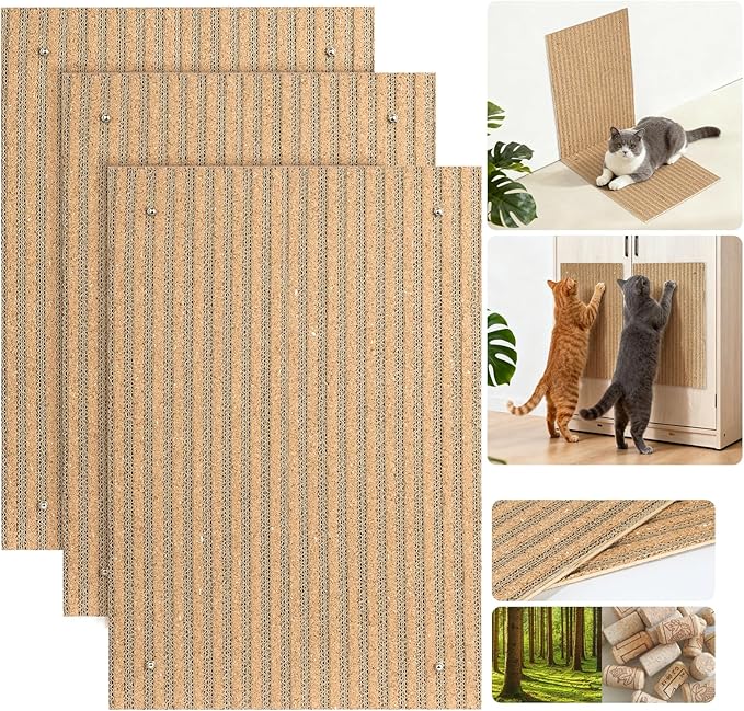 Cork Cat Scratcher Boards for Wall & Floor - Natural Cork & Cardboard Blend, No Mess Splinters, Durable Easy Clean - Adjustable Height for All Cats, Furniture Protector【3-Pack】