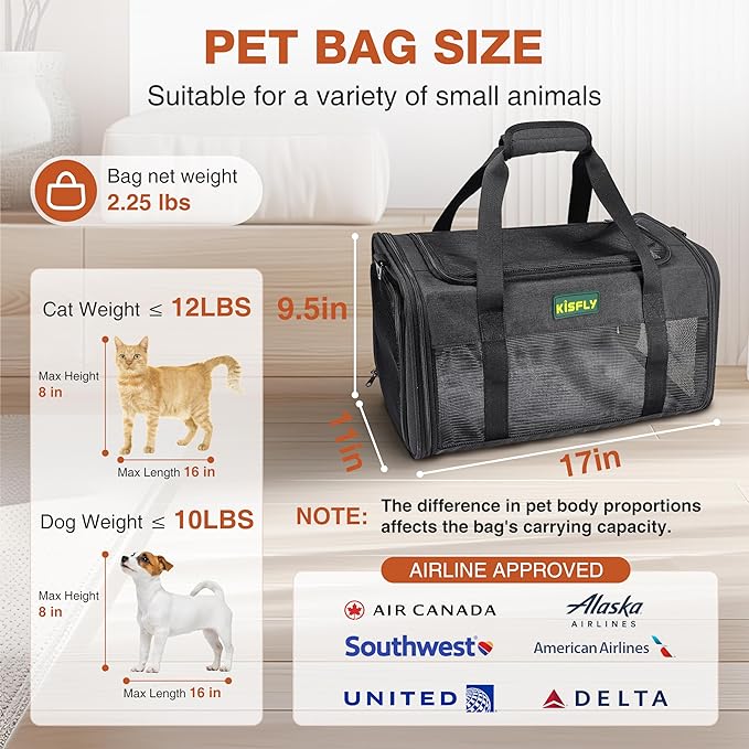 Airline Approved Cat and Small Dog Carrier 17"x11"x9.5"– Soft-Sided, Foldable Under-Seat Travel Bag for Pets up to 12 lbs, Top-Loading, Scratch-Resistant Mesh, Black