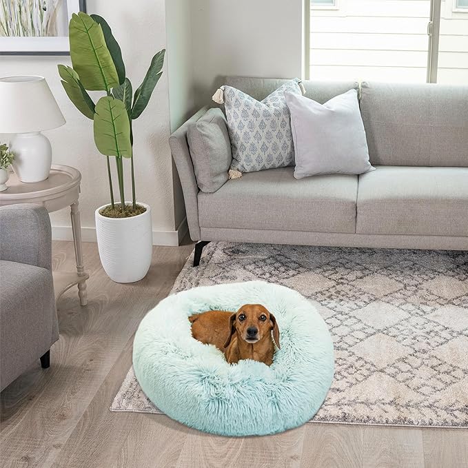 Best Friends by Sheri Original Calming Donut Dog and Cat Bed, Shag Faux Fur, Baby Blue, (23in x 23in) - Anxiety Relief for Pets Up to 25 lbs