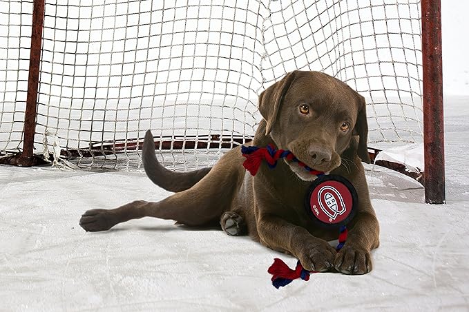 Pets First Dog Rubber Toy with Heavy-Duty Rope Tug. NHL Montreal Canadiens Puck Toy for Dogs & Cats. Play Hockey with Your Pet!