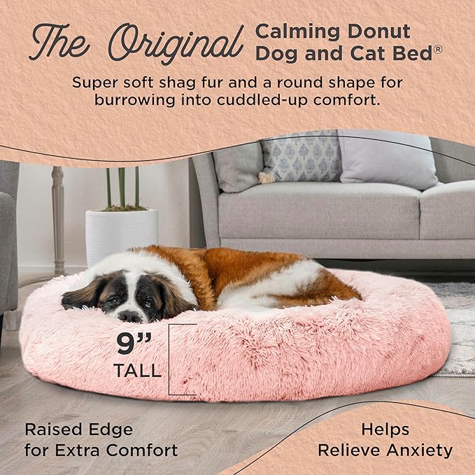 Best Friends by Sheri Original Calming Donut Dog and Cat Bed, Shag Faux Fur, Cotton Candy Pink, XL (45in x 45in) - Anxiety Relief for Pets Up to 150 lbs
