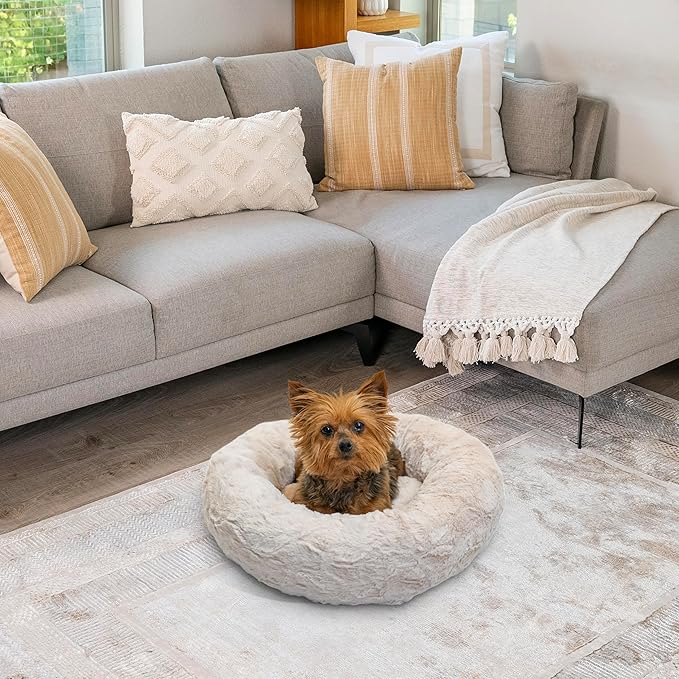 Best Friends by Sheri Original Calming Donut Dog and Cat Bed, Lux Faux Fur, Oyster, XS (18in x 18in) - Anxiety Relief for Pets Up to 10 lbs