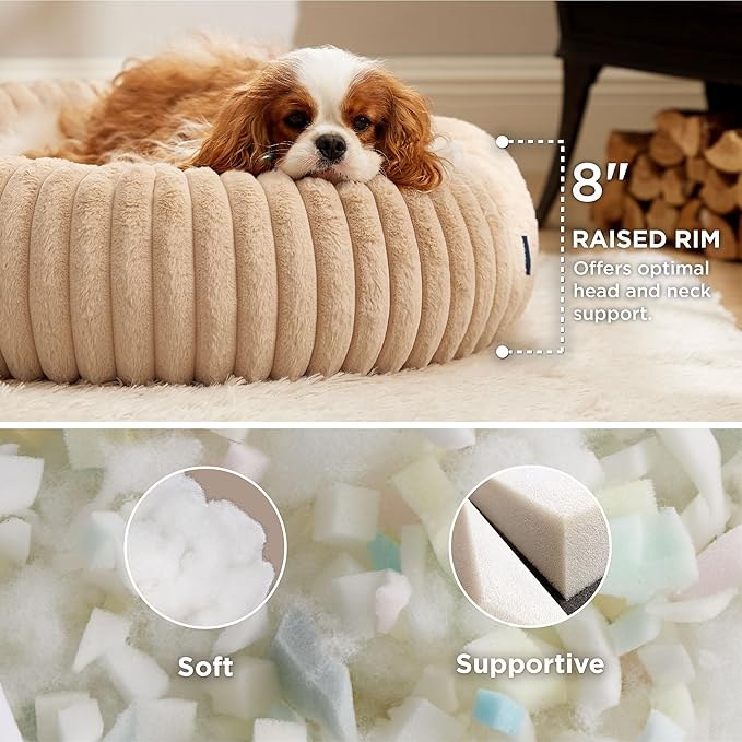 Bedsure Medium Dog Bed - Washable Faux Fur with Corduroy Fleece & Anti Slip Bottom, Round Pet Bed with Removable Cover, Sandy Beige, 30x30x8 inches