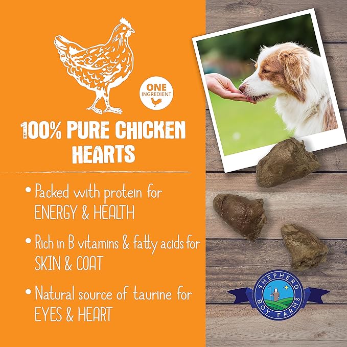 Shepherd Boy Farms Freeze Dried Dog and Cat Treats, Chicken Heart, All Natural Freeze-Dried Dog Treat & Snacks, Made in USA, High in Protein, Single Ingredient, Made in The USA, 3oz